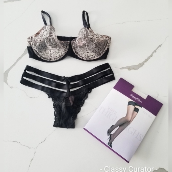 Victoria's Secret Other - NWT VS pink black  34DD & M panty set w stockings